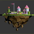 Green Grassy Island With Pink Roofed Towers Red Mushroom Flag Slides Pool And Yellow Stars
