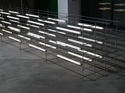 Multiple Modern White Pendant Lights Arranged On Metal Shelving For 3d model