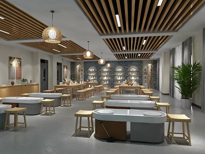 School Cafeteria Interior With Long Tables Stools Wooden Ceiling Pendant Lights And Green Plant 3d model