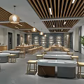 School Cafeteria Interior With Long Tables Stools Wooden Ceiling Pendant Lights And Green Plant