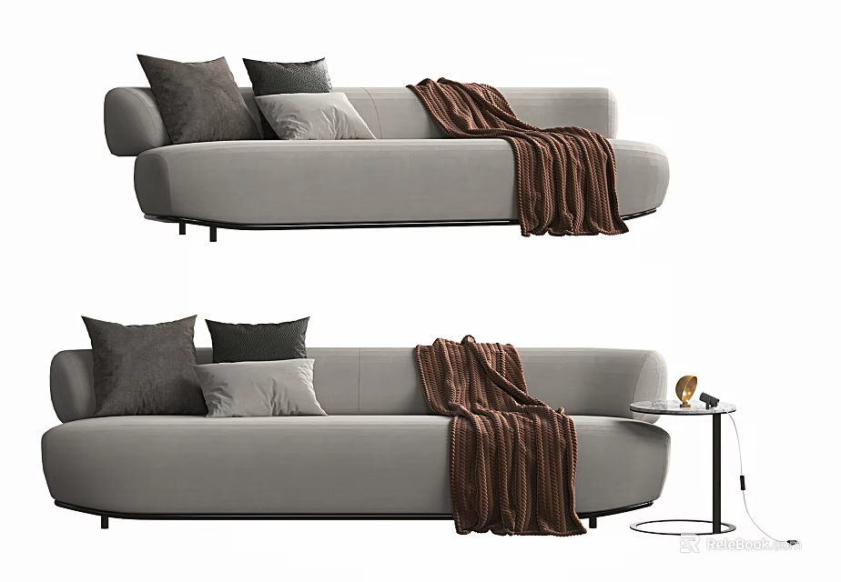 Modern Light Gray Multi Seater Sofa With Decorative Pillows And Brown Blanket 3d model