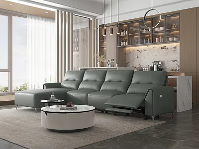 Modern Living Dining Room With Green Leather Sofa Round Coffee Table And Open Kitchen Design 3d model