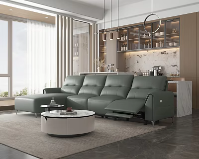 Modern Living Dining Room With Green Leather Sofa Round Coffee Table And Open Kitchen Design 3d model