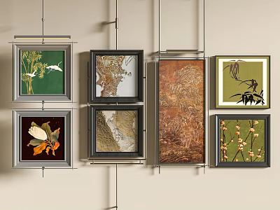 Abstract Paintings Wall Display With Diverse Framed Artworks And Colorful Styles 3d model