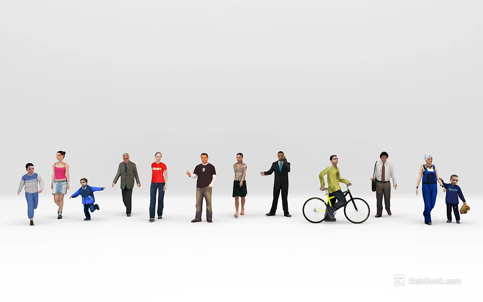 Diverse Group of People With Various Ages Different Clothing Styles And One Riding Bicycle 3d model 