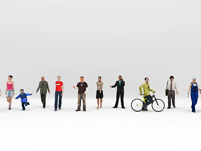Diverse Group of People With Various Ages Different Clothing Styles And One Riding Bicycle 3d model