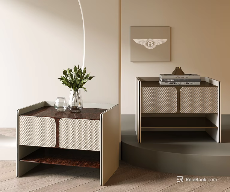 Modern Bedside Tables With Woven Texture Cabinet Doors Wooden Top Green Plant Books And Lamp 3d model 