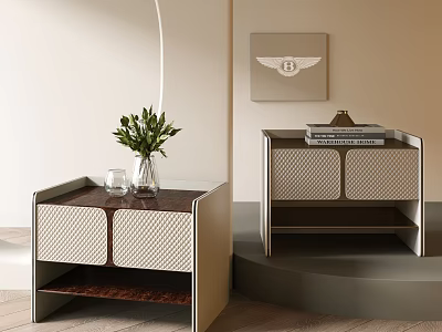 Modern Bedside Tables With Woven Texture Cabinet Doors Wooden Top Green Plant Books And Lamp 3d model