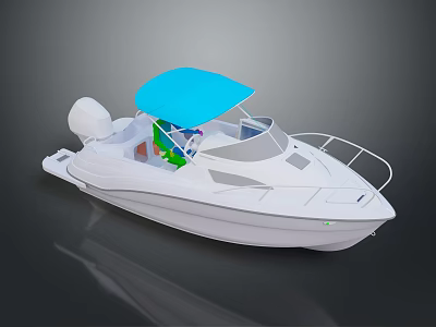 White Speedboat With Blue Canopy And Side Rails In Cockpit Area 3d model