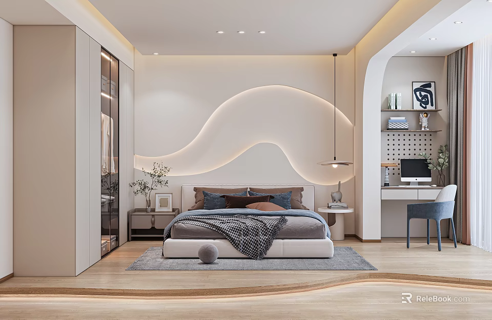 Modern Bedroom With Wavy Illuminated Headboard Wall Bed Pillows Blanket Desk Chair And Wooden Flooring 3d model 