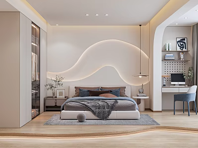 Modern Bedroom With Wavy Illuminated Headboard Wall Bed Pillows Blanket Desk Chair And Wooden Flooring 3d model