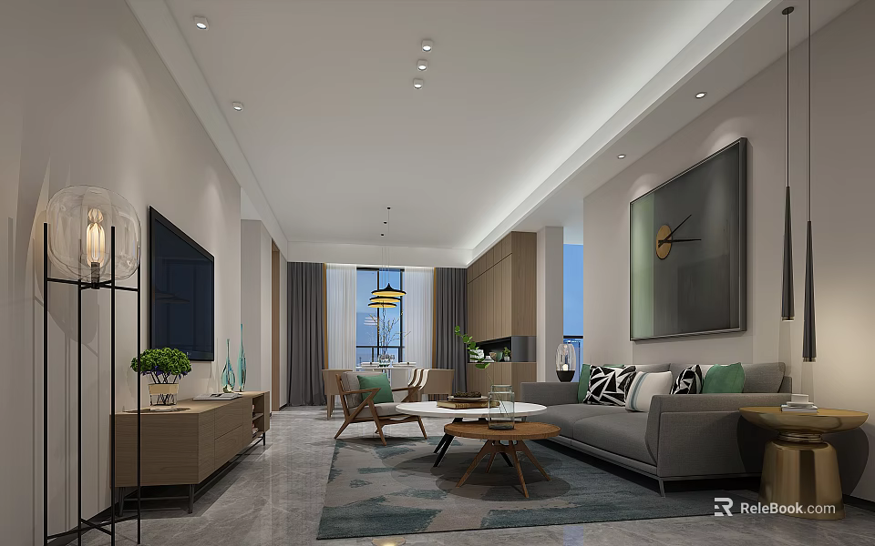 Modern Living Area With Gray Sofa Coffee Table Decorative Art And Green Plant 3d model 