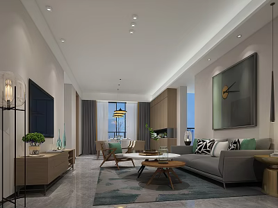 Modern Living Area With Gray Sofa Coffee Table Decorative Art And Green Plant 3d model