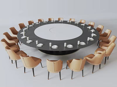 Round Dining Table Set With Light Brown Chairs And Central Turntable For Gathering 3d model