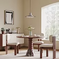 Modern Dining Table Set With Round Top Spiral Leg Upholstered Chairs Near Window Plants And Artwork