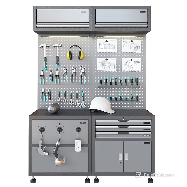 Organized Hardware Tools on Pegboard Wall with Hanging Hammers Pliers Blueprints and Drawer Cabinet 3d model 