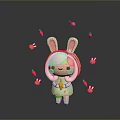 Cute Pink Haired Rabbit Ears Cartoon Character With Floating Carrots And Red Chili Peppers