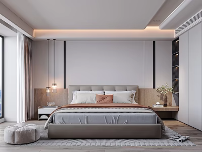 Modern Minimalist Bedroom Interior With Upholstered Headboard Multiple Pillows Table Lamp And Curtains 3d model
