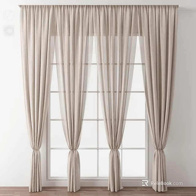 Elegant Beige Linen Curtains With Layered Sheer Design For Window Decoration 3d model 