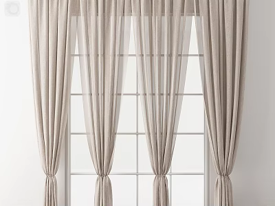 Elegant Beige Linen Curtains With Layered Sheer Design For Window Decoration 3d model