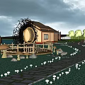 Tranquil Outdoor Garden Scene With Stone Path Wooden Fence Trees Person And Evening Light