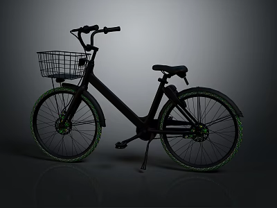 Black Bicycle With Front Basket Green Accent Wheels Modern Design Against Gray Background 3d model