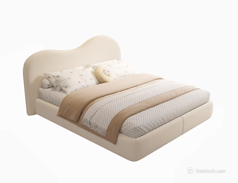 Cream Colored Double Bed With Curved Headboard Striped Sheets And Patterned Pillows 3d model 