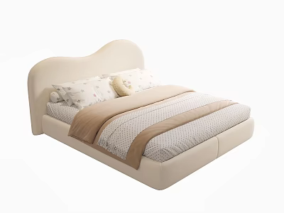 Cream Colored Double Bed With Curved Headboard Striped Sheets And Patterned Pillows 3d model