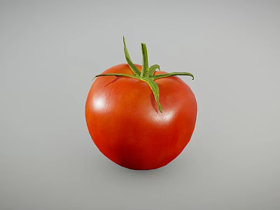 Ripe Red Tomato With Green Stem And Leaves On Gray Background 3d model