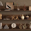 Artistic Decorative Ornaments and Figurines Set with Vases Sculptures Books Table Lamp on Wooden Shelves