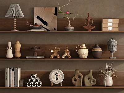 Artistic Decorative Ornaments and Figurines Set with Vases Sculptures Books Table Lamp on Wooden Shelves 3d model