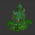Colorful Cartoon Fairy Tale House With Multi Story Green Roof Tower Windows And Surrounding Trees