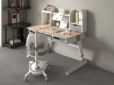 Modern Kids Study Desk With Bookshelf Storage Ergonomic Chair Laptop And Stationery 3d model