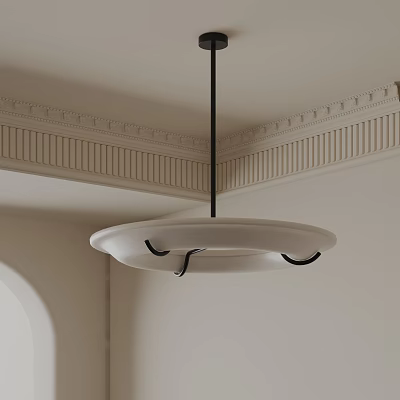 Modern White Chandelier With Black Accents Hanging From Decorative Ceiling Molding In Interior Room 3d model