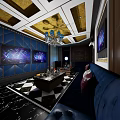 Luxury KTV Interior Design With Blue Sofa Marble Table And TV Screen 3d model
