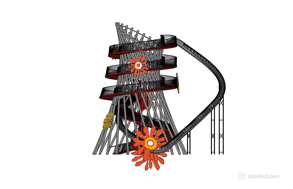 Amusement Rides With Spiral Track And Orange Flower Decorations On Steel Frame 3d model 