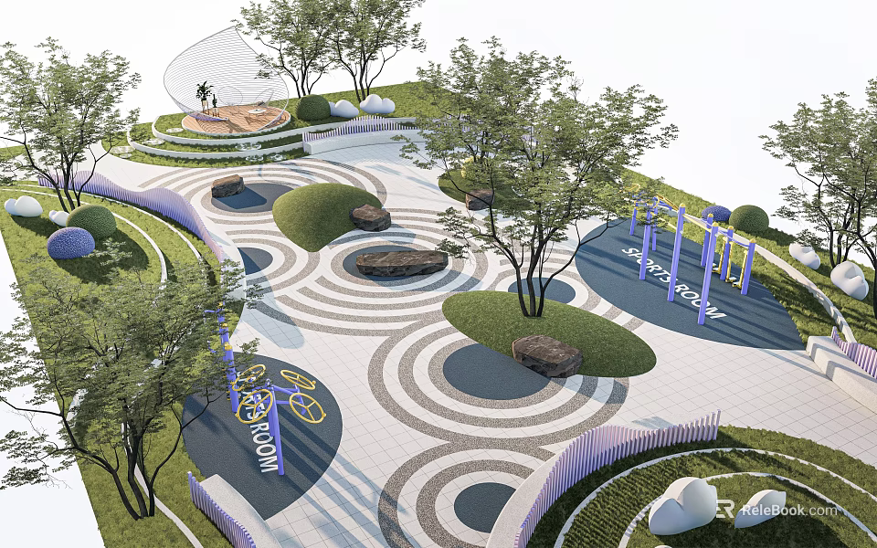 Park Landscape Design Featuring Curved Pathways Circular Paved Patterns Green Lawns Trees And Decorative Rocks 3d model