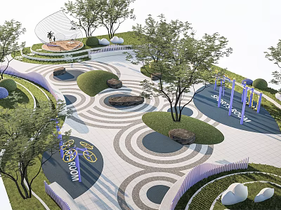 Park Landscape Design Featuring Curved Pathways Circular Paved Patterns Green Lawns Trees And Decorative Rocks 3d model