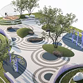 Park Landscape Design Featuring Curved Pathways Circular Paved Patterns Green Lawns Trees And Decorative Rocks 3d model