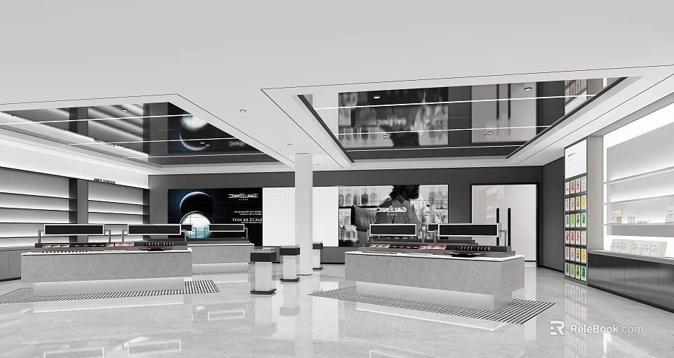 Modern Specialty Store Interior With Display Counters And Spacious Layout 3d model