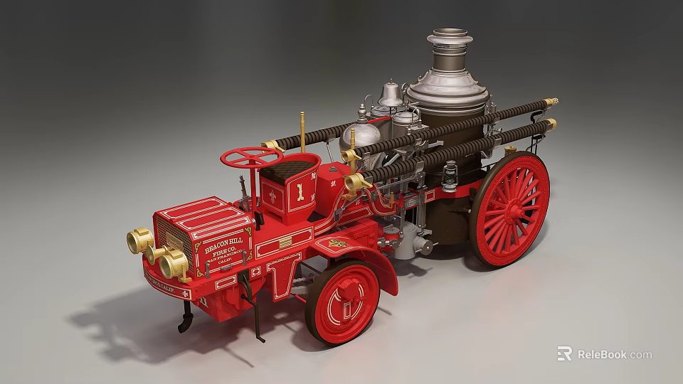 Red Vintage Fire Truck Model With Retro Design And Metal Wheels 3d model 
