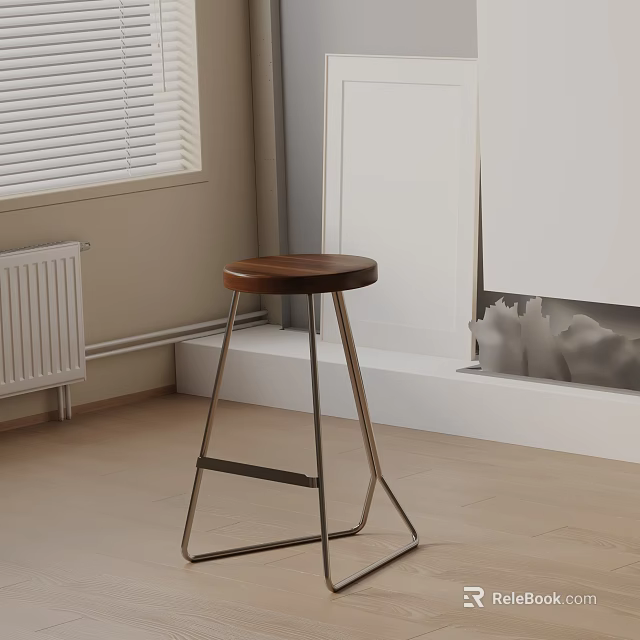Modern Bar Stool With Wooden Seat And Metal Frame In Minimalist Interior Design 3d model 