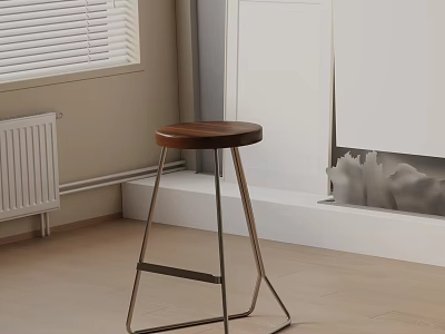 Modern Bar Stool With Wooden Seat And Metal Frame In Minimalist Interior Design 3d model