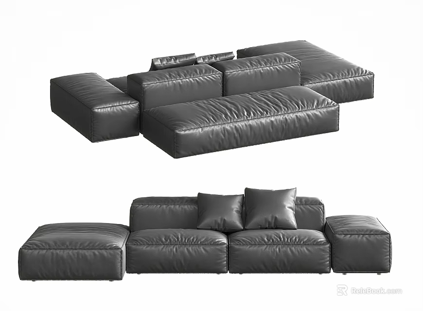 Modern Black Leather Modular Sectional Sofa With Multiple Modules And Soft Cushions 3d model