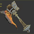 Ornate Flame Decorated Metal Axe Weapon With Wrapped Handle And Sharp Bladed Design
