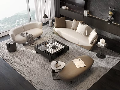 Modern Living Room Sofa And Coffee Table Set With Decorative Pillows And Area Rug 3d model