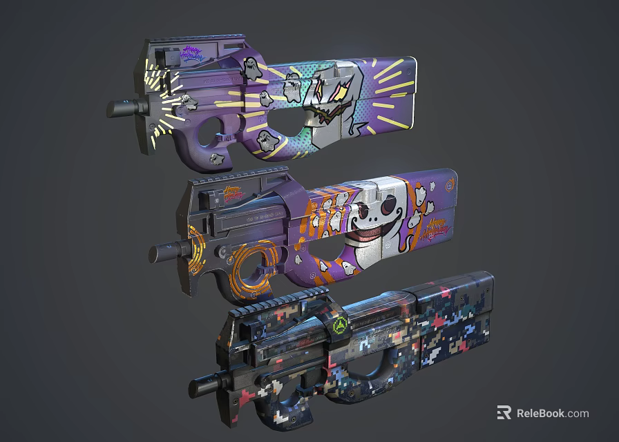 Colorful Graffiti Designed Firearms With Cartoon Skull Patterns And Vibrant Artwork 3d model