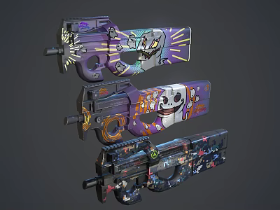 Colorful Graffiti Designed Firearms With Cartoon Skull Patterns And Vibrant Artwork 3d model