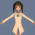 3D Anime Character With Pigtails Green Eyes Beige Coat Bow Tie Short Skirt Outstretched Arms