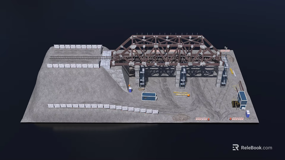 Truss Bridge Model with Metal Truss Structure Railway Track and Construction Site Elements 3d model